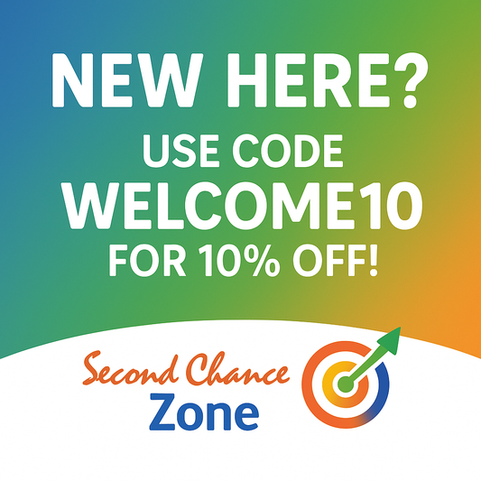 “Welcome10 discount graphic offering 10% off for new customers at Second Chance Zone.”