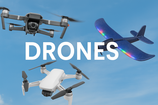 Three drones in mid-air against a blue sky, including a foldable quadcopter, a compact white drone, and a fixed-wing RC plane with LED lights. Text overlay reads 'DRONES'.