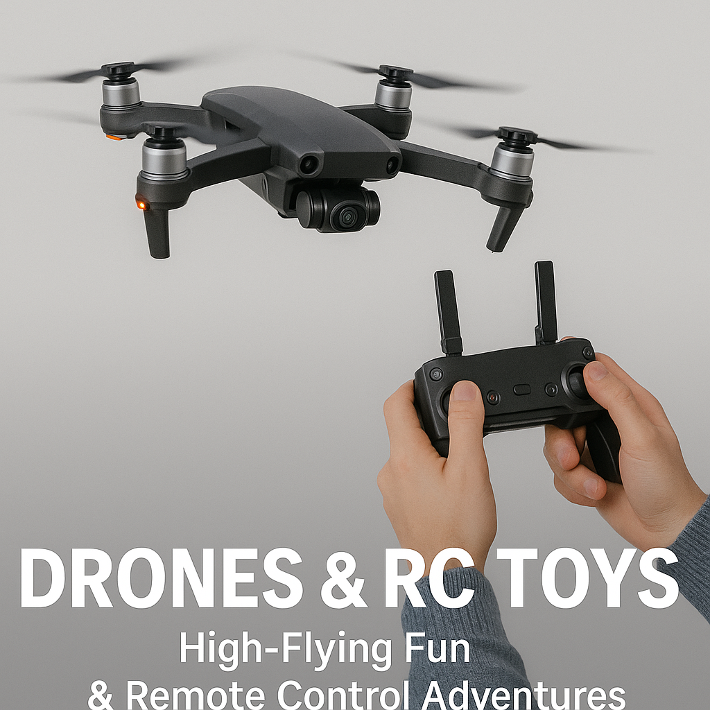 “Hands holding a drone remote control with a quadcopter drone in flight above. Text reads: Drones & RC Toys – High-Flying Fun & Remote Control Adventures.”
