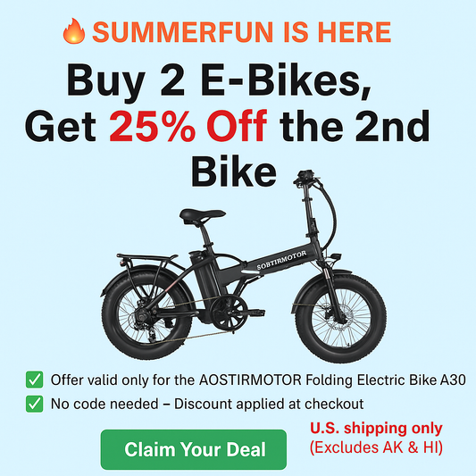 “Summerfun promotion: Buy 2 e-bikes, get 25% off the second bike. AOSTIRMOTOR Folding Electric Bike A30 shown. U.S. shipping only.”
