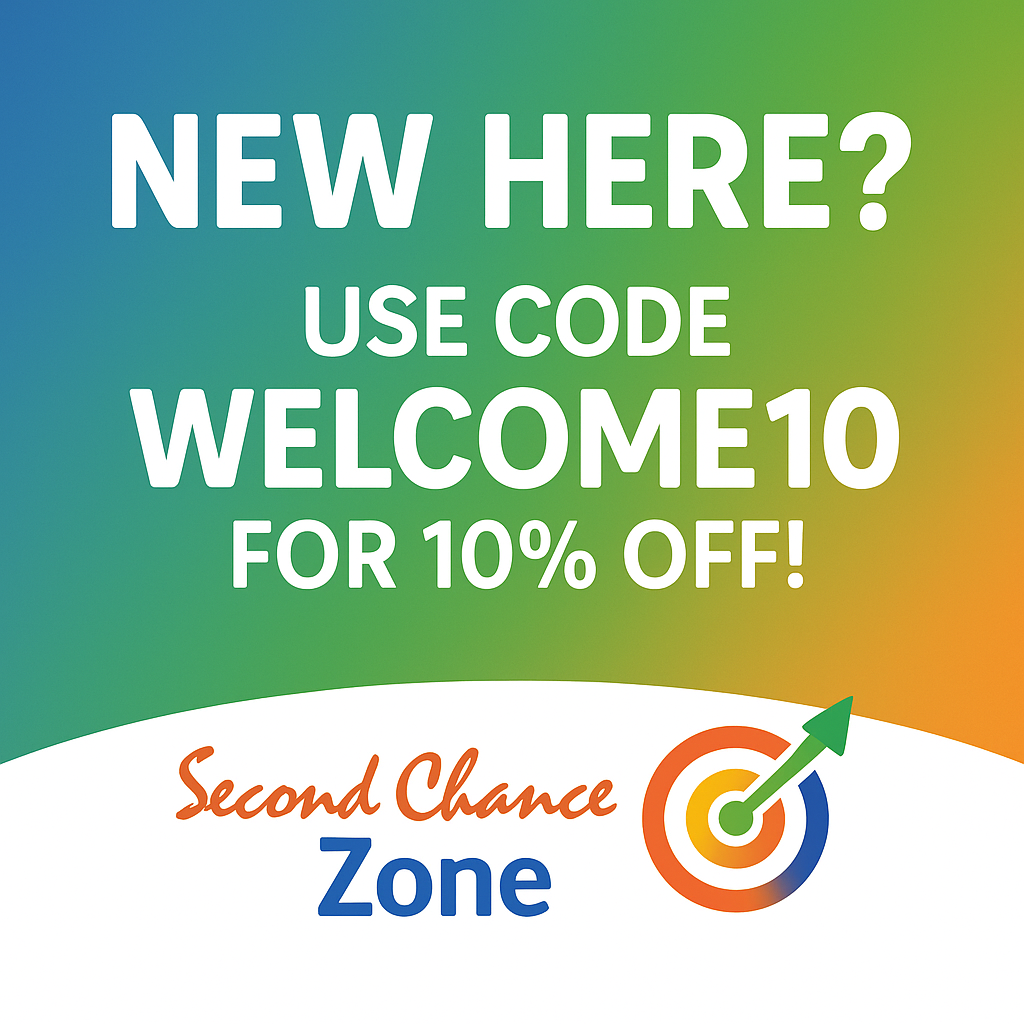 “Welcome10 discount graphic offering 10% off for new customers at Second Chance Zone.”