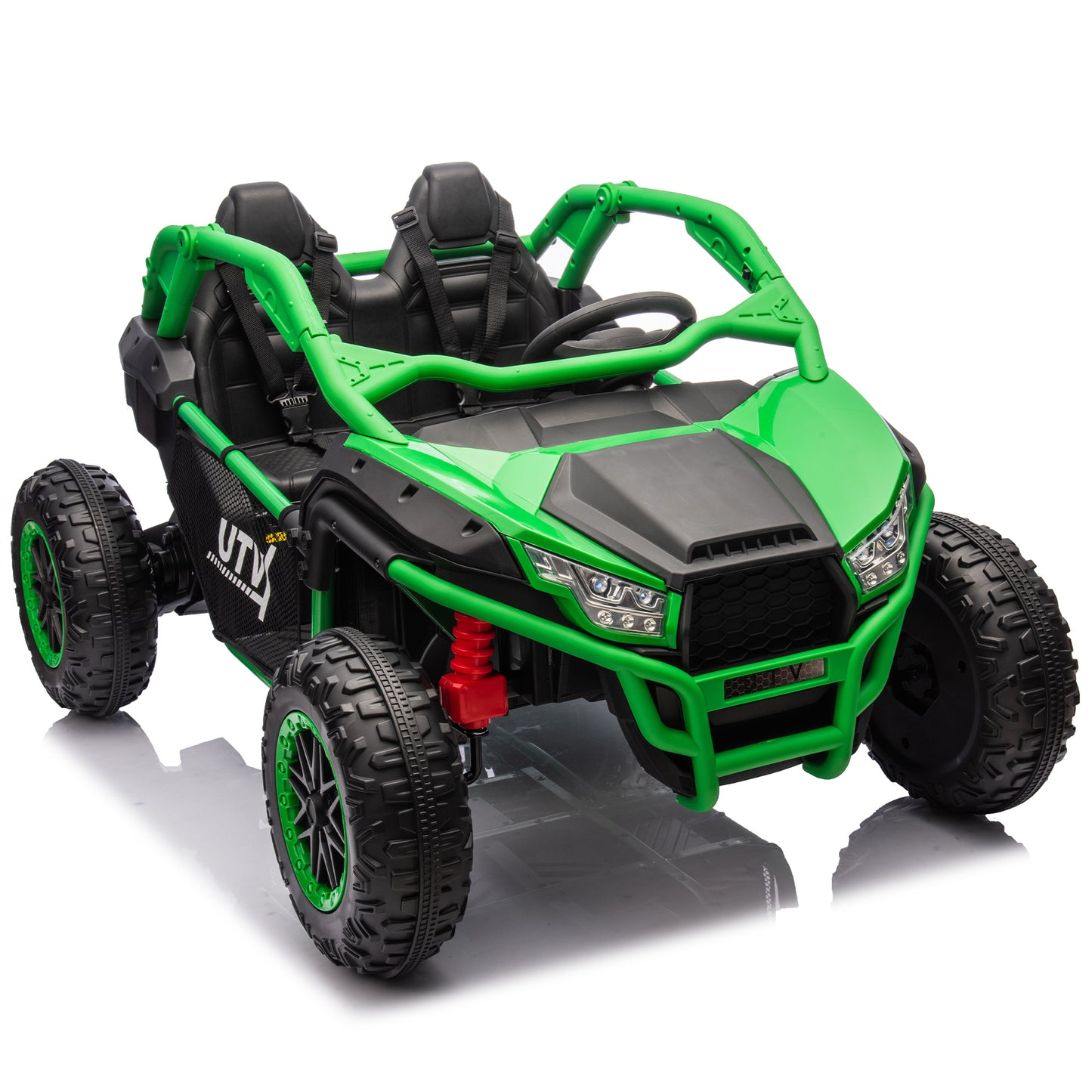 24V Two-seater Kids Ride On UTV w/Parents Control,20in seat width,400W Super high power,Four-wheel Suspension,Bluetooth,MP3,USB,LED Light,Horn,Rear storage space,Speeds 3.73-4.97MPH For Kids aged 3+.