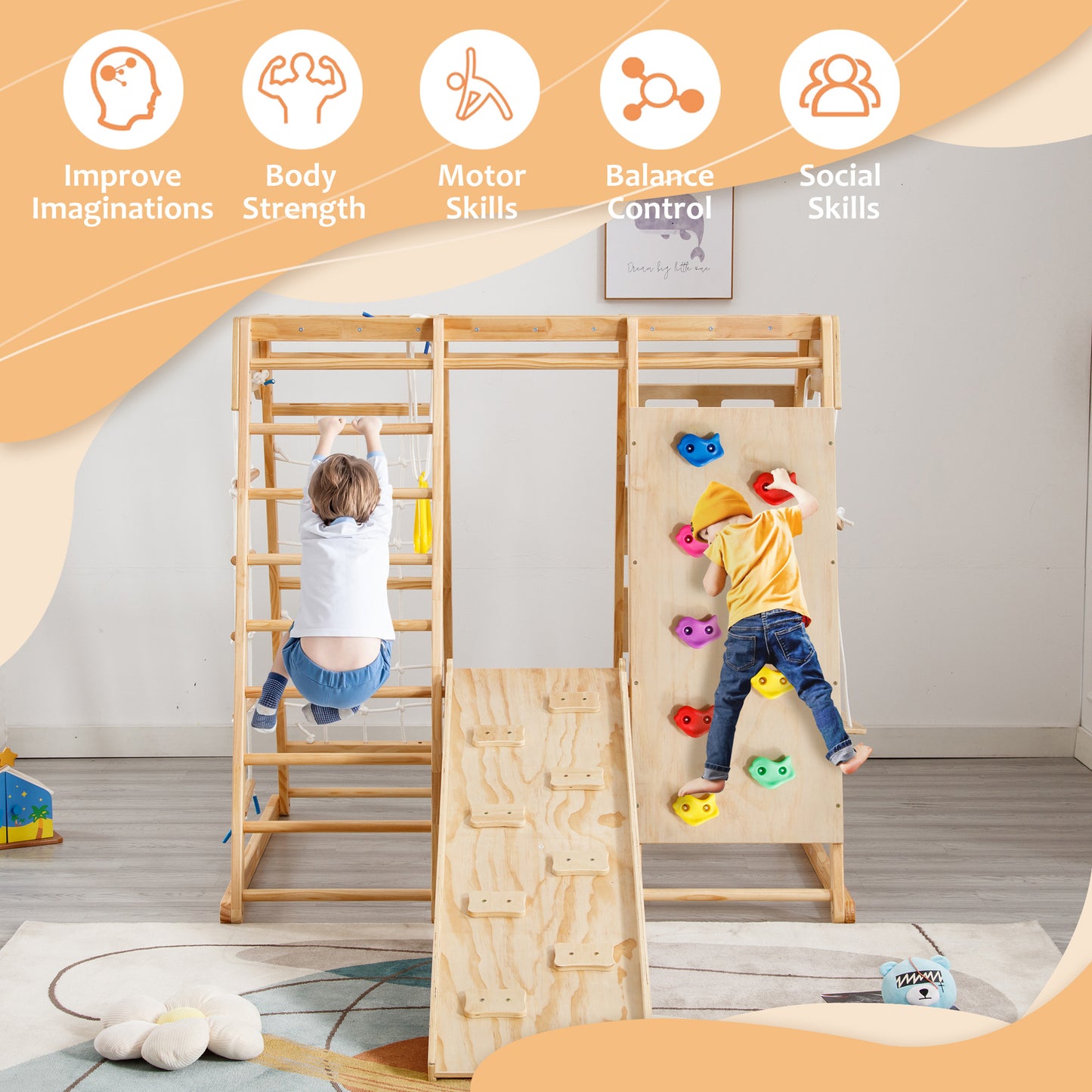 Toddler Indoor Wooden Gym 8 in 1 Indoor Playground Climbing Toy Set with Slide Swing Climbing Net Rings, Kids Indoor Playground Climbing Toys