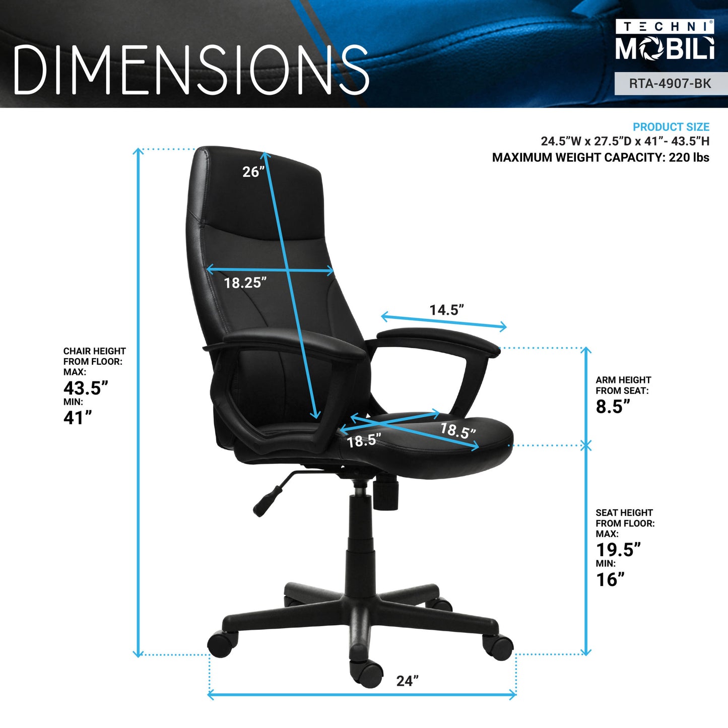 Techni Mobili Executive Office Chair; Medium Back, Black