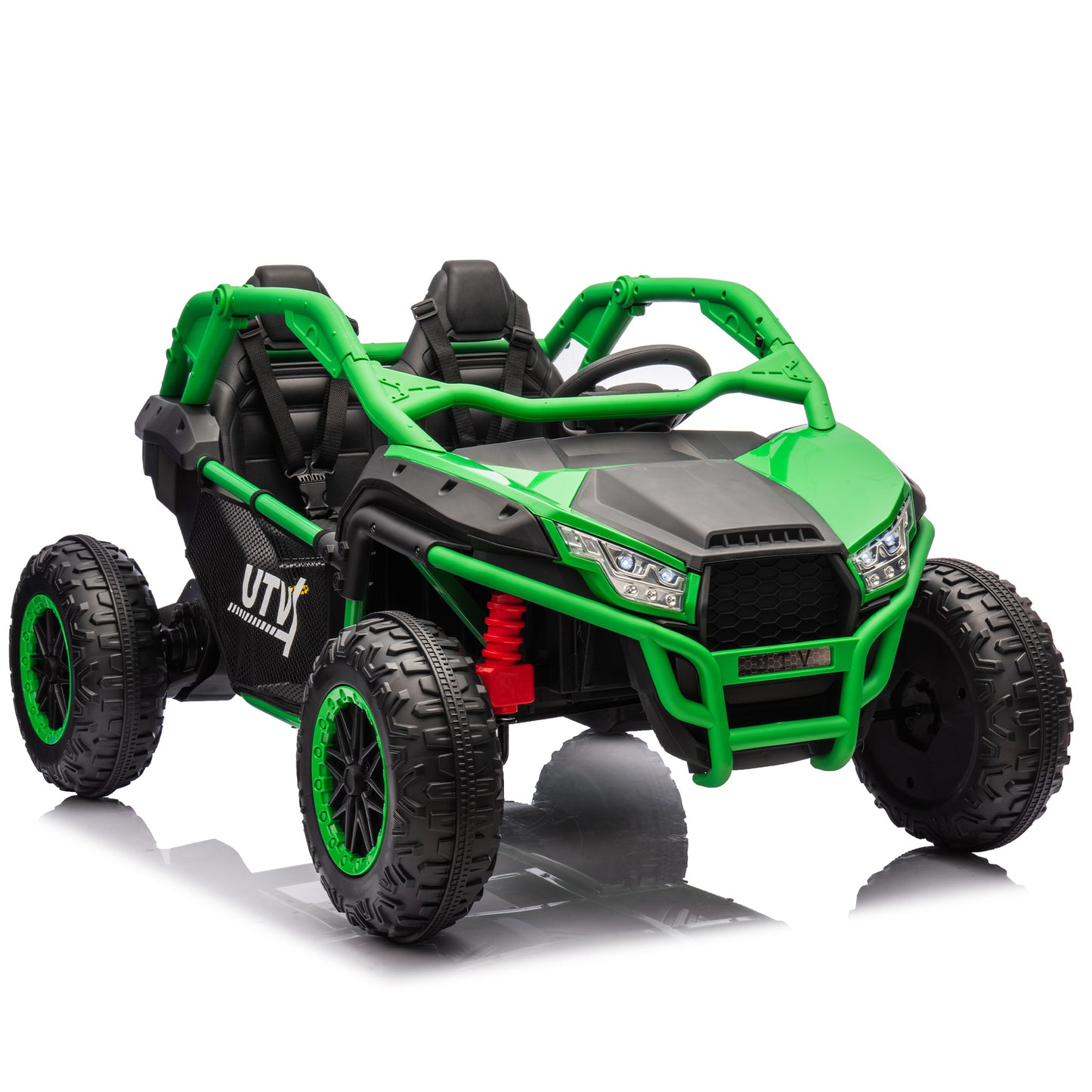 24V Two-seater Kids Ride On UTV w/Parents Control,20in seat width,400W Super high power,Four-wheel Suspension,Bluetooth,MP3,USB,LED Light,Horn,Rear storage space,Speeds 3.73-4.97MPH For Kids aged 3+.