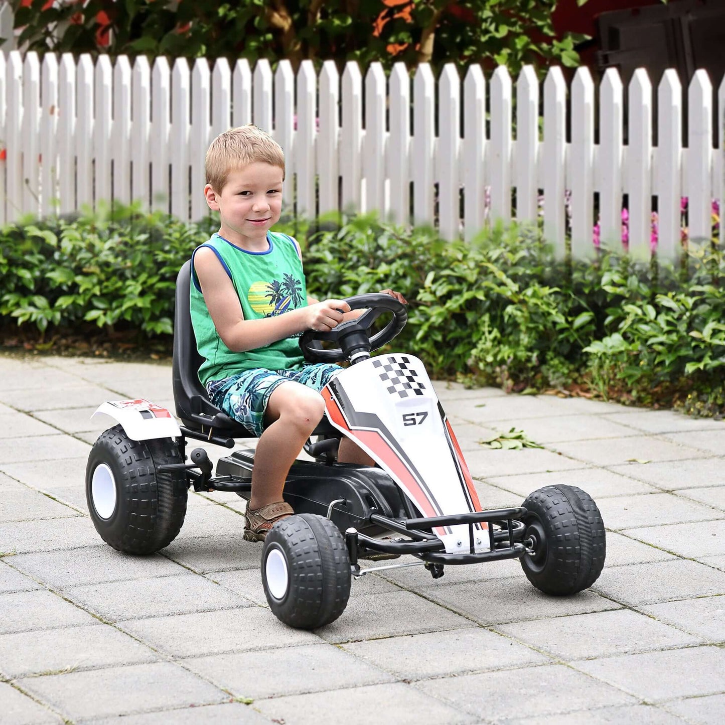 Pedal Go Kart Children Ride on Car Racing Style with Adjustable Seat, Plastic Wheels, Handbrake and Shift Lever, White