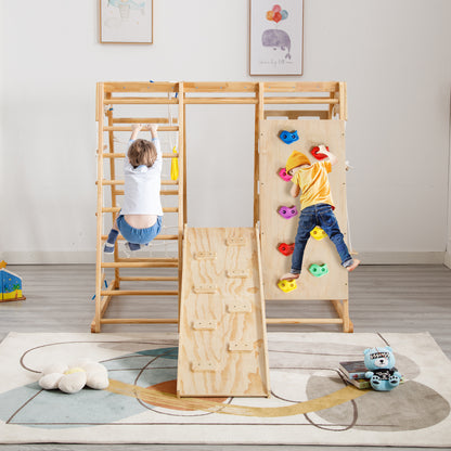 Toddler Indoor Wooden Gym 8 in 1 Indoor Playground Climbing Toy Set with Slide Swing Climbing Net Rings, Kids Indoor Playground Climbing Toys