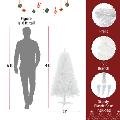 4ft White Artificial Christmas Tree Prelit With Stand ,100 Warm White Led Lights, Realistic 241 Branch Tips PVC White Norwood Spruce Tree Easy Assembly For Indoor, Home