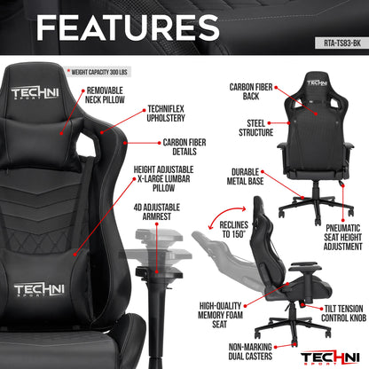 Techni Sport TS-83 Racer Style PC Gaming Chair; Ergonomic High Back, Black