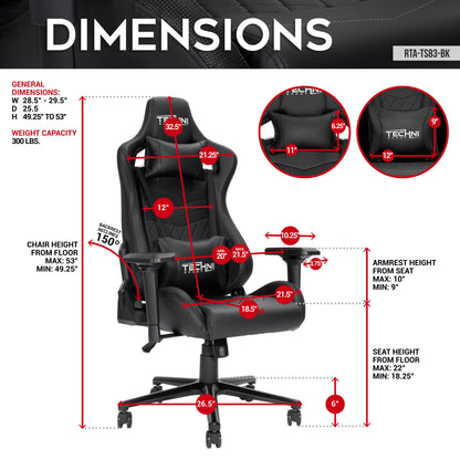 Techni Sport TS-83 Racer Style PC Gaming Chair; Ergonomic High Back, Black