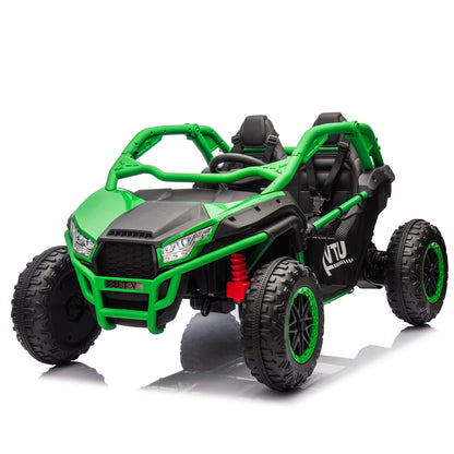 24V Two-seater Kids Ride On UTV w/Parents Control,20in seat width,400W Super high power,Four-wheel Suspension,Bluetooth,MP3,USB,LED Light,Horn,Rear storage space,Speeds 3.73-4.97MPH For Kids aged 3+.