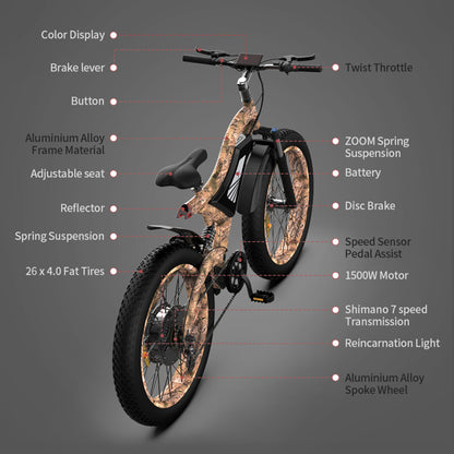 AOSTIRMOTOR 26" 1500W Electric Bike Fat Tire 48V 15AH Removable Lithium Battery for Adults S18-1500W