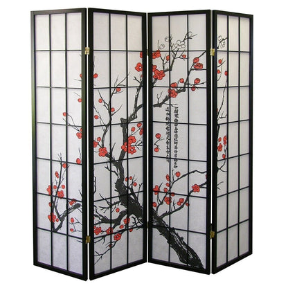 Black Japanese 4-Panel Screen Room Divider, Plum Blossom