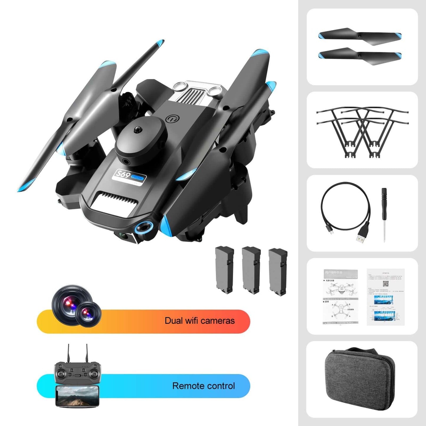 S69 Drone w/ HD Dual Camera & 3 Battery; 360° Obstacle Avoidance