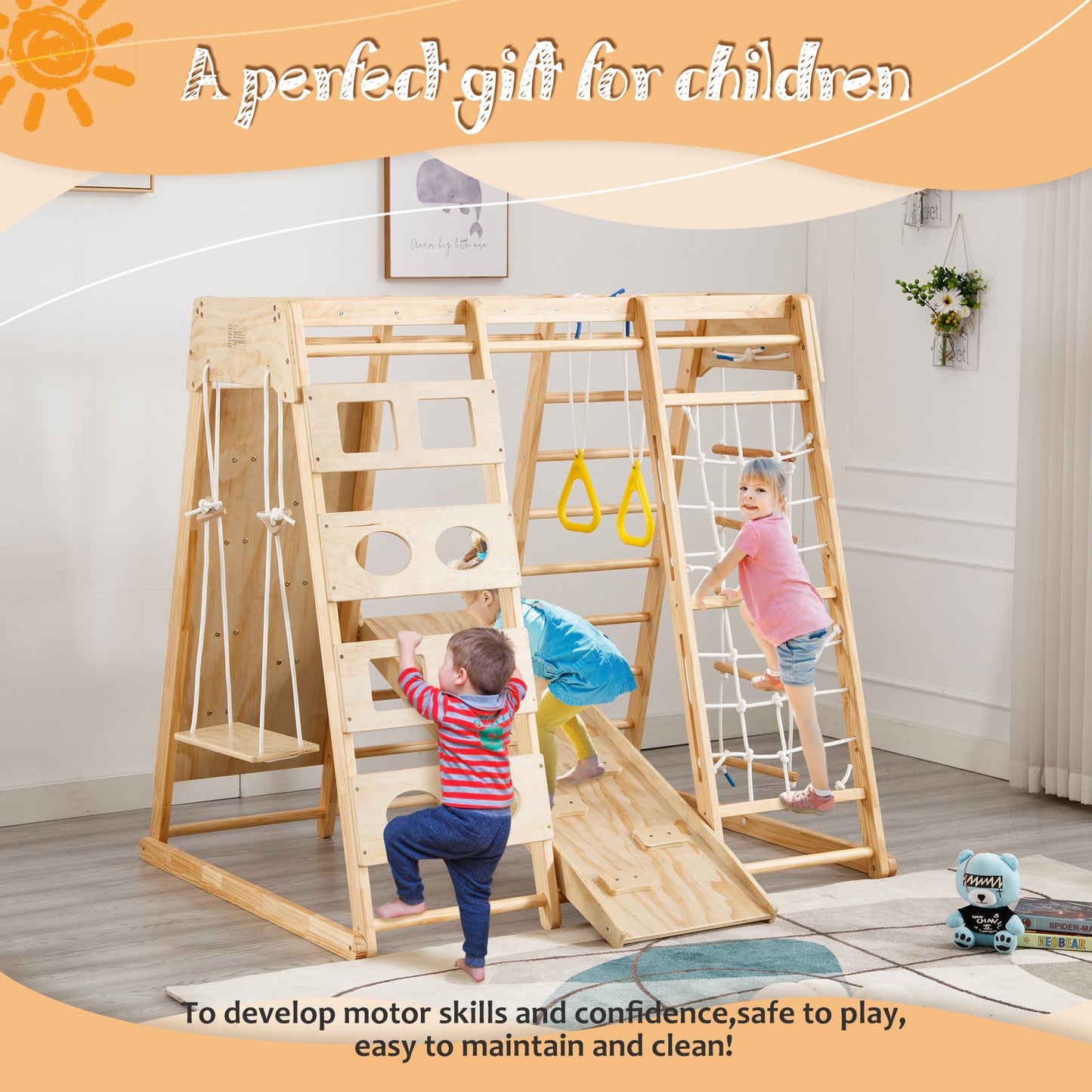 Toddler Indoor Wooden Gym 8 in 1 Indoor Playground Climbing Toy Set with Slide Swing Climbing Net Rings, Kids Indoor Playground Climbing Toys