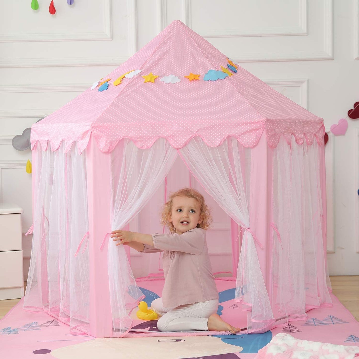 Outdoor Indoor Portable Folding Princess Castle Tent; (Warm LED Star Lights)