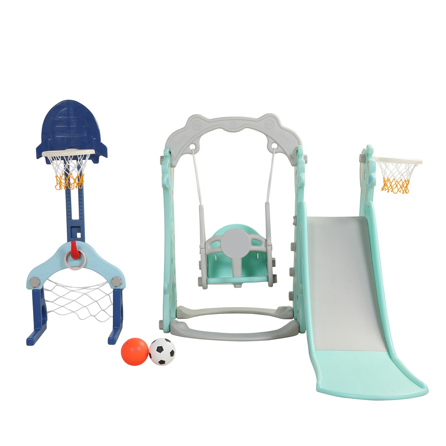 5 in 1 Slide and Swing Playing Set, Toddler Extra-Long Slide with 2 Basketball Hoops, Football, Ringtoss, Indoor Outdoor XH - Second Chance Zone