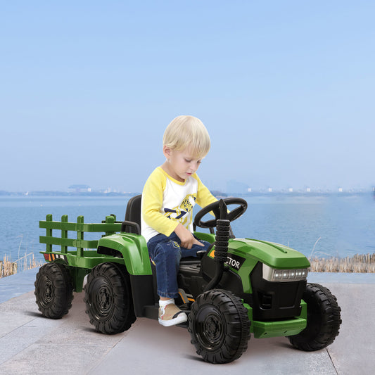 12V Ride On Tractor w/ Trailer; LED Lights, 3 to 6 Ages, Dark Green