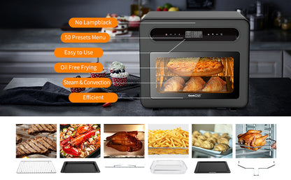 Geek Chef Steam Air Fryer / Toaster Oven Combo; Black Stainless Steel.