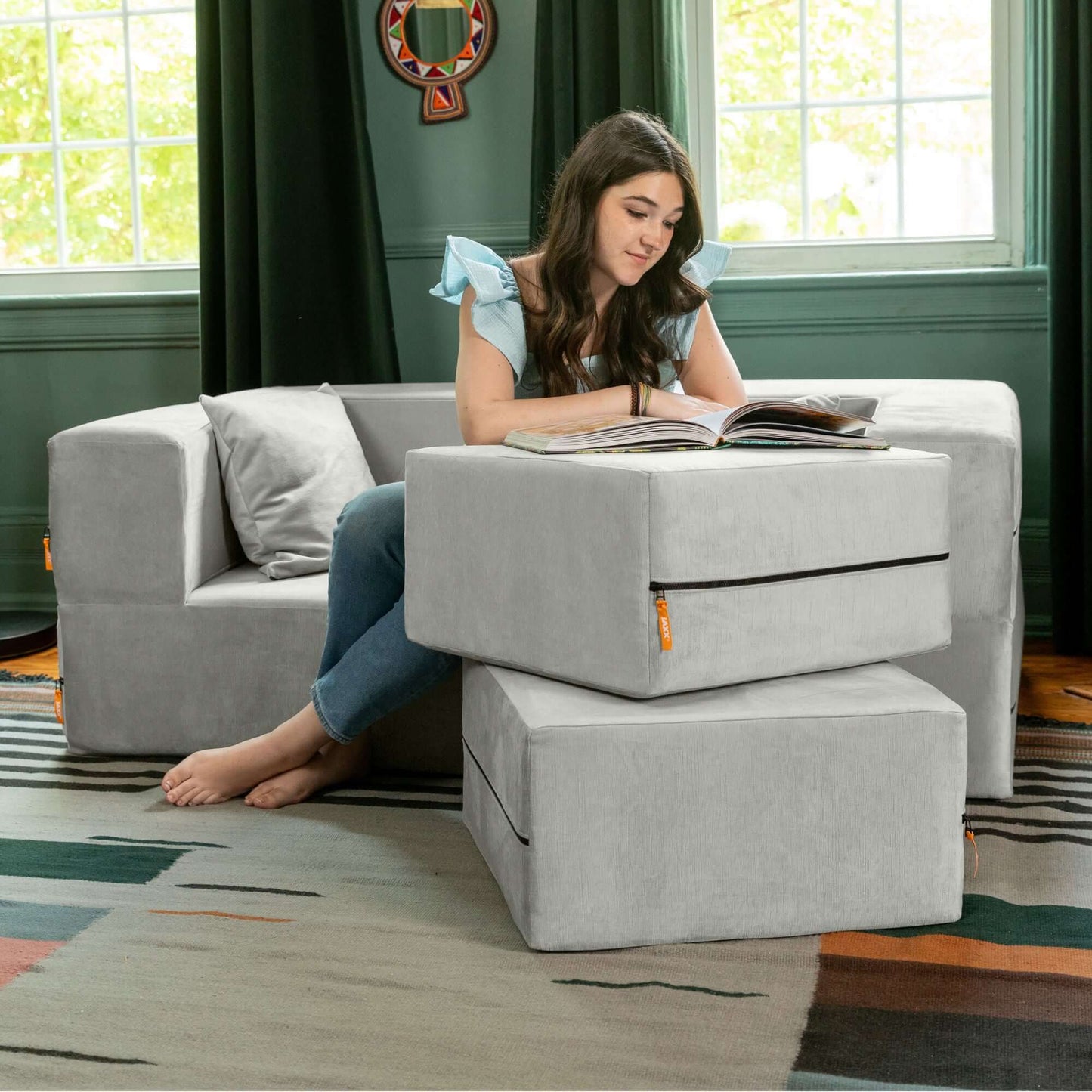 Jaxx Zipline Convertible Sleeper Loveseat & Ottomans; Ice