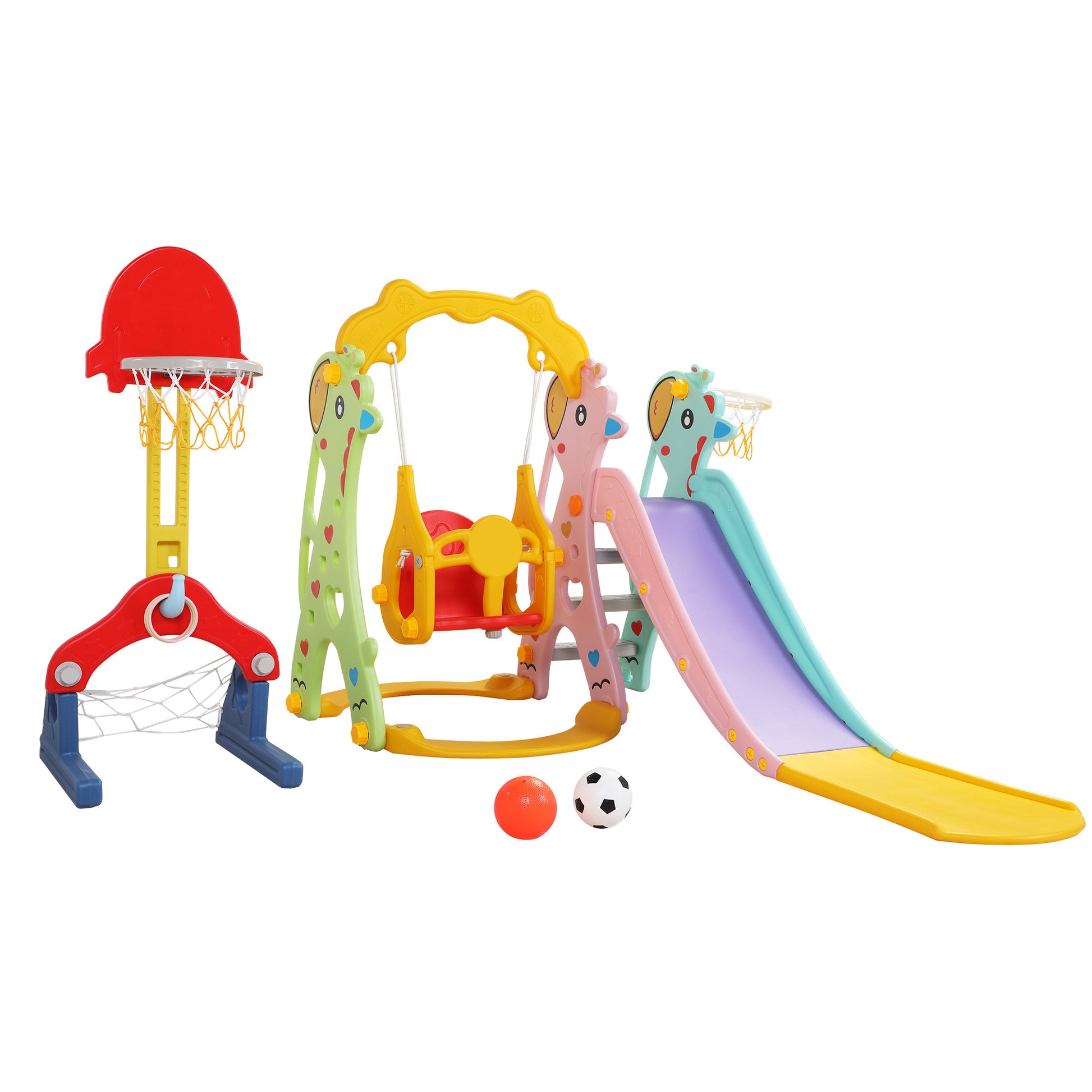 5 in 1 Slide and Swing Playing Set, Toddler Extra-Long Slide with 2 Basketball Hoops, Football, Ringtoss, Indoor Outdoor XH - Second Chance Zone