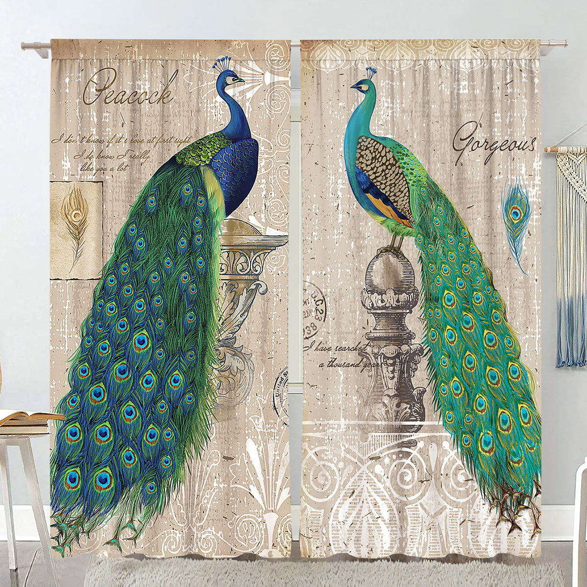 1 Pair Of Vintage Peacock Window Curtains - Second Chance Zone