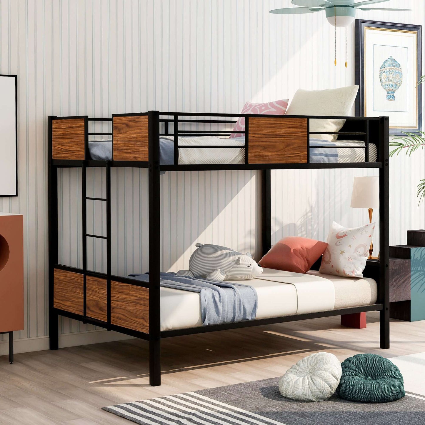 Full-over-full bunk bed; modern style w/ safety rail, built-in ladder