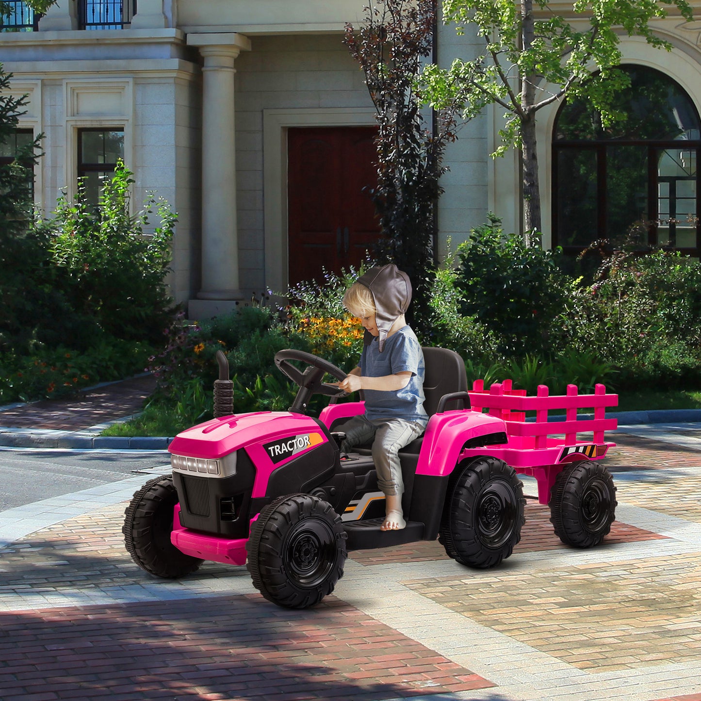 12V Ride On Tractor w/ Trailer; LED Lights, 3 to 6 Ages,  Rosy