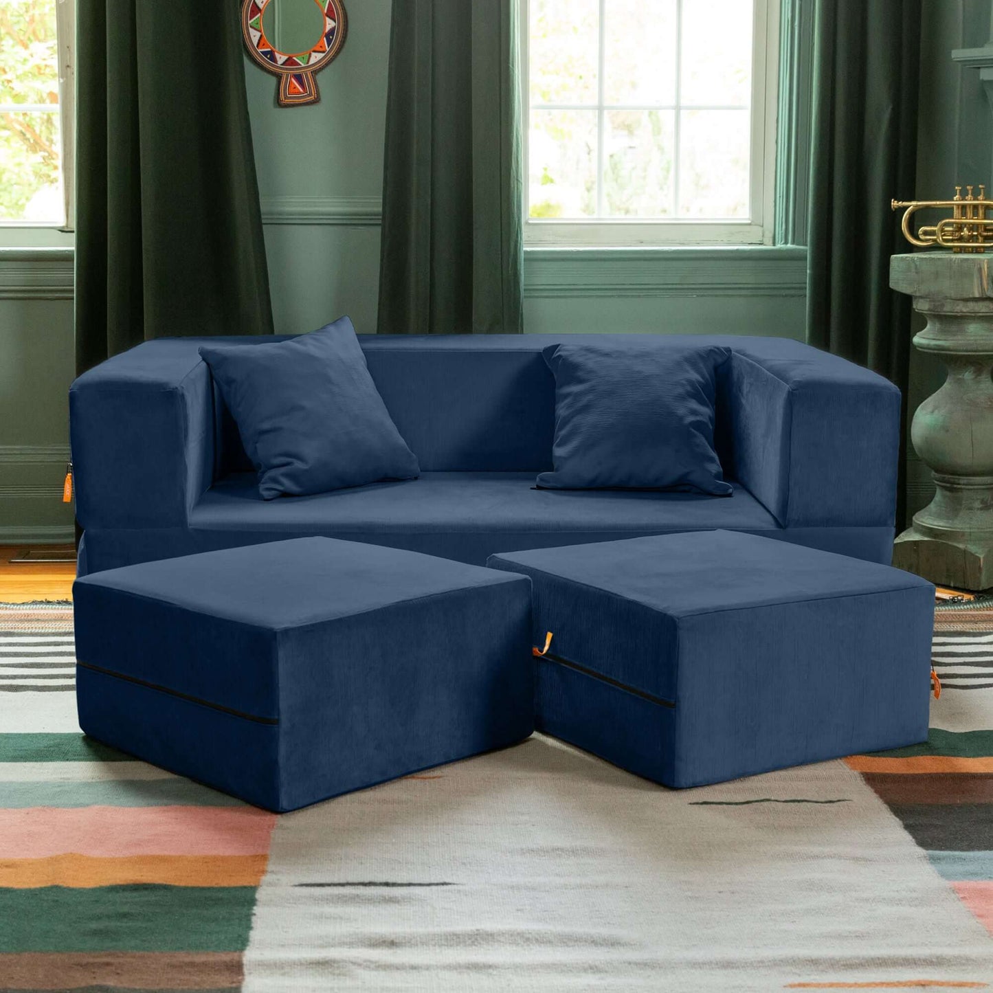 Jaxx Zipline Convertible Sleeper Loveseat & Ottomans; Indigo