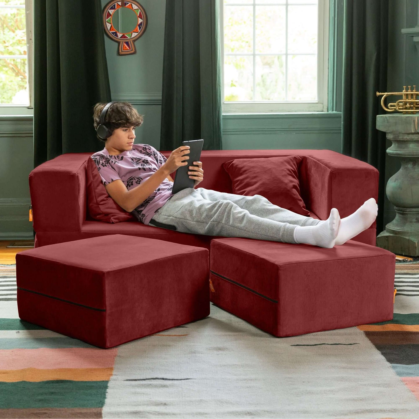 Jaxx Zipline Convertible Sleeper Loveseat & Ottomans; Berry Red