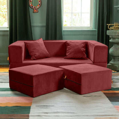 Jaxx Zipline Convertible Sleeper Loveseat & Ottomans; Berry Red