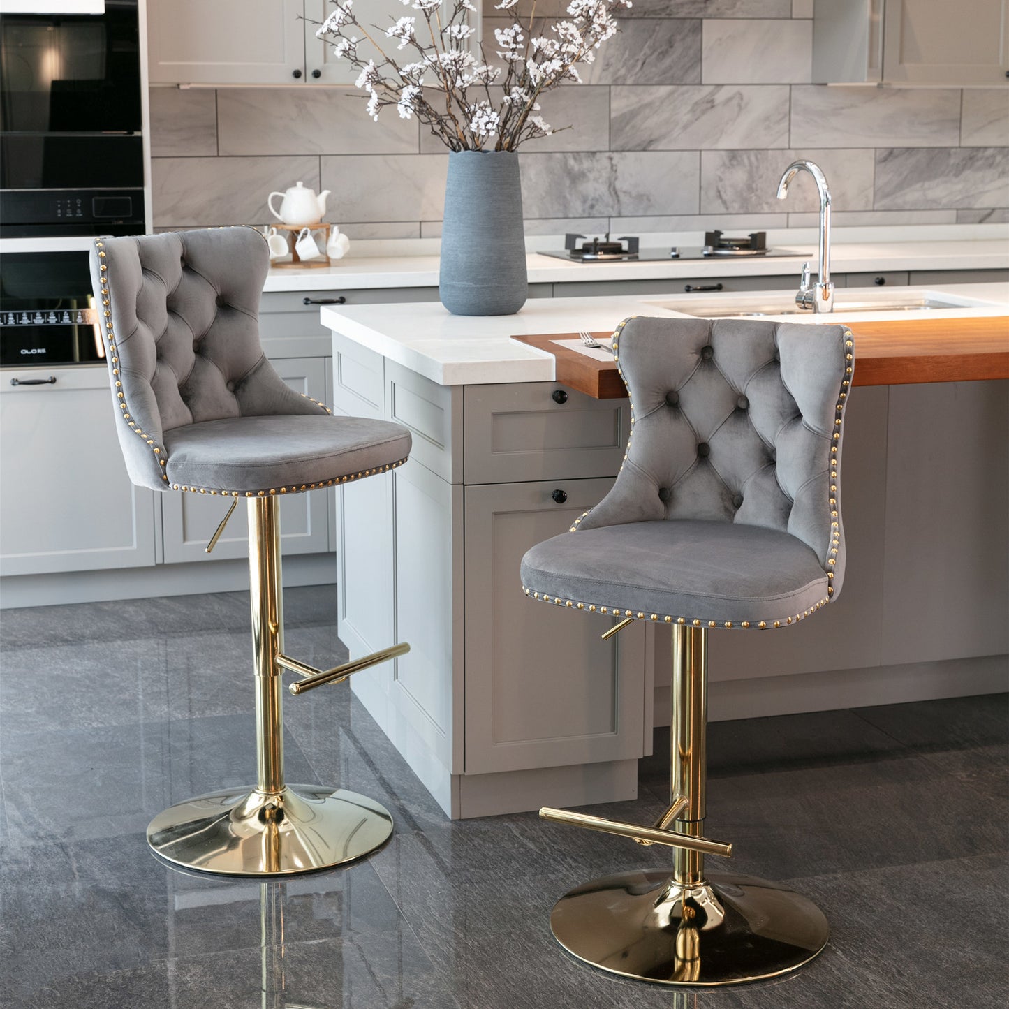 A&A Furniture,Golden Swivel Velvet Barstools Adjusatble Seat Height from 25-33 Inch, Modern Upholstered Bar Stools with Backs Comfortable Tufted for Home Pub and Kitchen Island(Gray,Set of 2) - Second Chance Zone