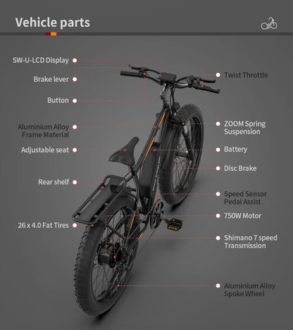 AOSTIRMOTOR S07-B 26" 750W Electric Bike Fat Tire P7 48V 12.5AH Removable Lithium Battery for Adults with Detachable Rear Rack Fender(Black) - Second Chance Zone