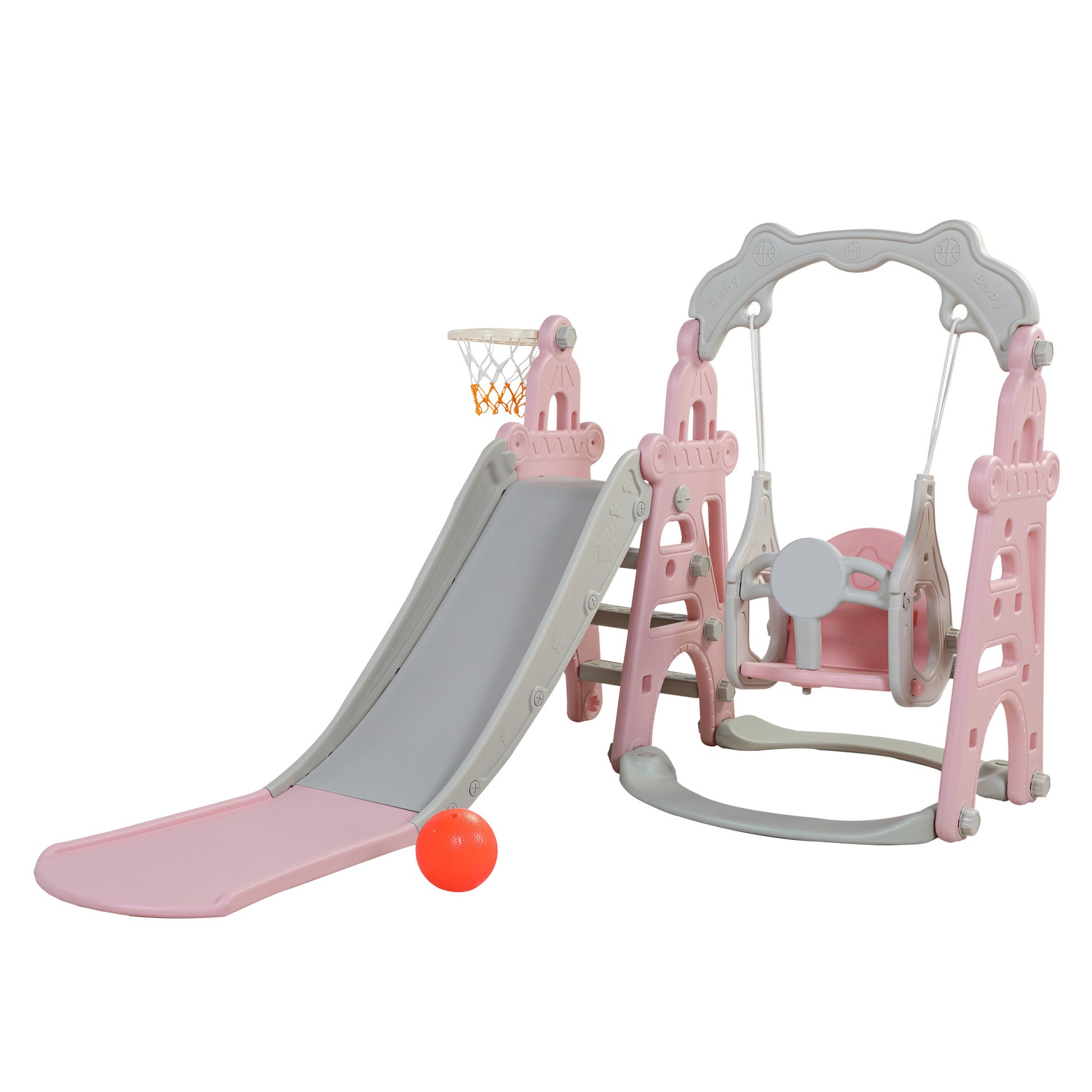 Children Slide Swing Set, 3-in-1 Combination Activity Center Freestanding Slides Playset for Kids Indoor Toddler Climbing Stairs Toy with Basketball Hoop Game Outdoor Playground XH - Second Chance Zone