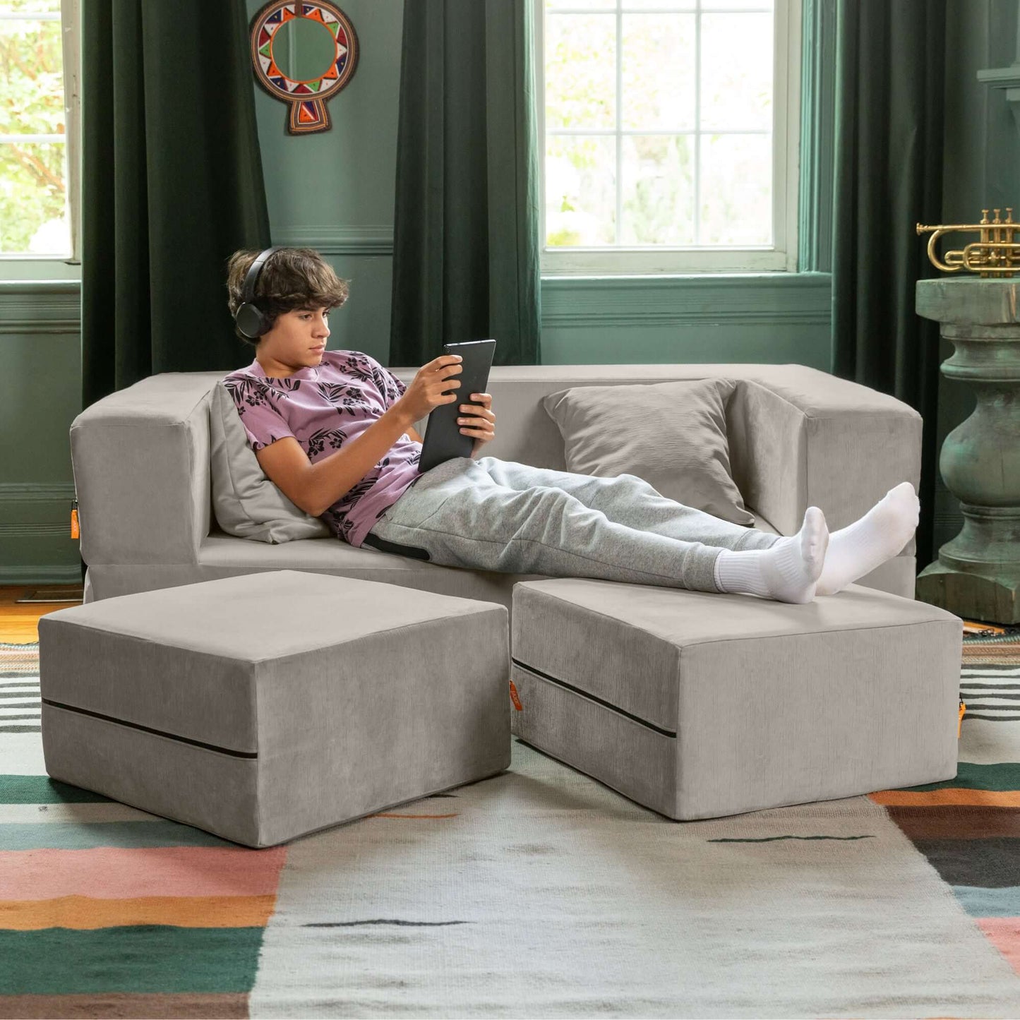 Jaxx Zipline Convertible Sleeper Loveseat & Ottomans; Dove Grey