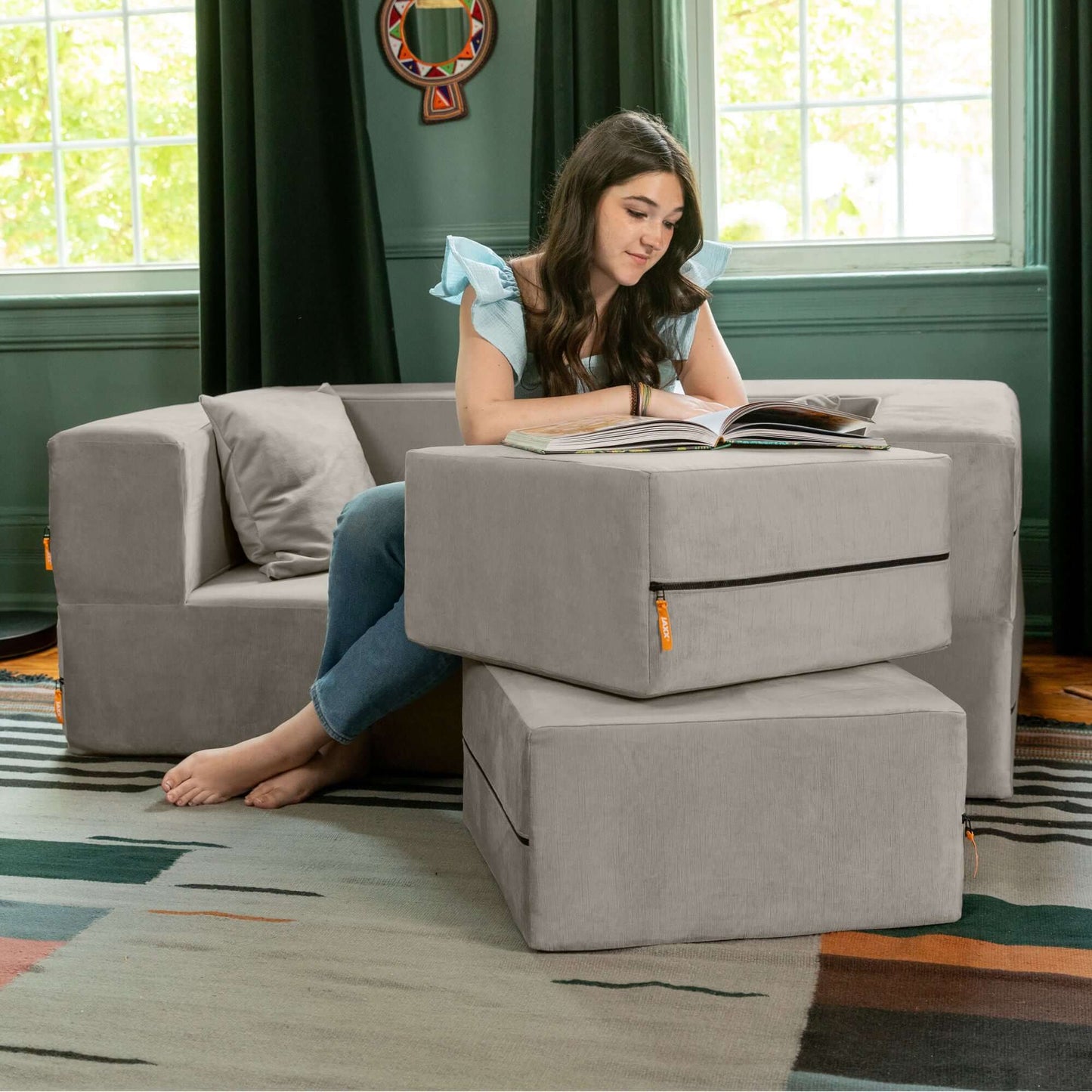 Jaxx Zipline Convertible Sleeper Loveseat & Ottomans; Dove Grey