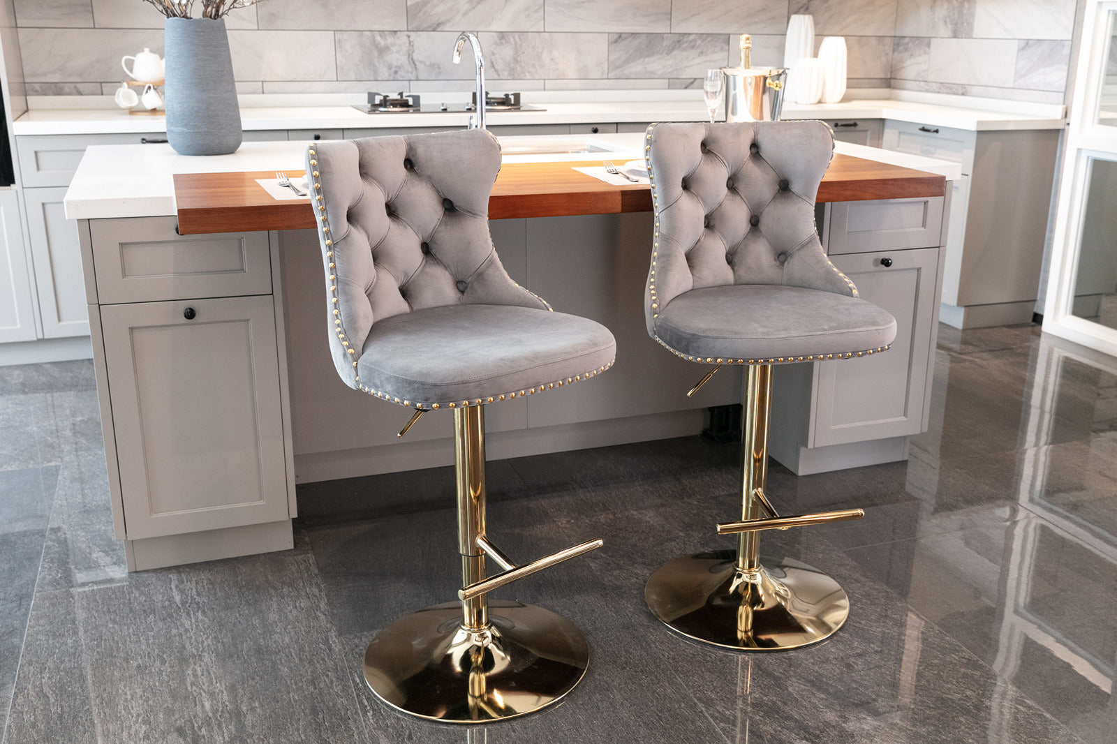 A&A Furniture,Golden Swivel Velvet Barstools Adjusatble Seat Height from 25-33 Inch, Modern Upholstered Bar Stools with Backs Comfortable Tufted for Home Pub and Kitchen Island(Gray,Set of 2) - Second Chance Zone