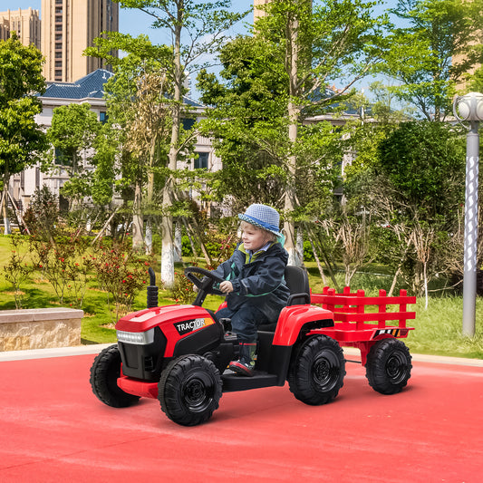 12V Ride On Tractor w/ Trailer; LED Lights, 3 to 6 Ages, Red