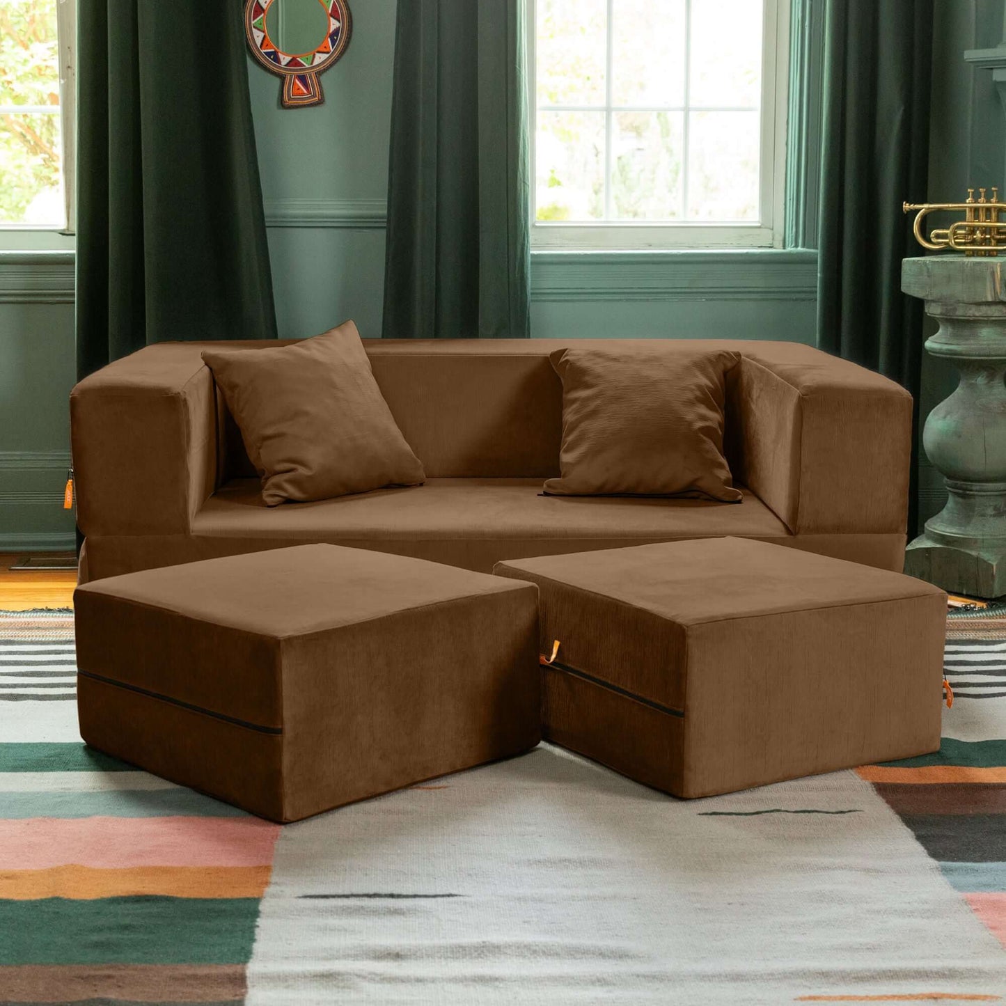 Jaxx Zipline Convertible Sleeper Loveseat & Ottomans; Toffee