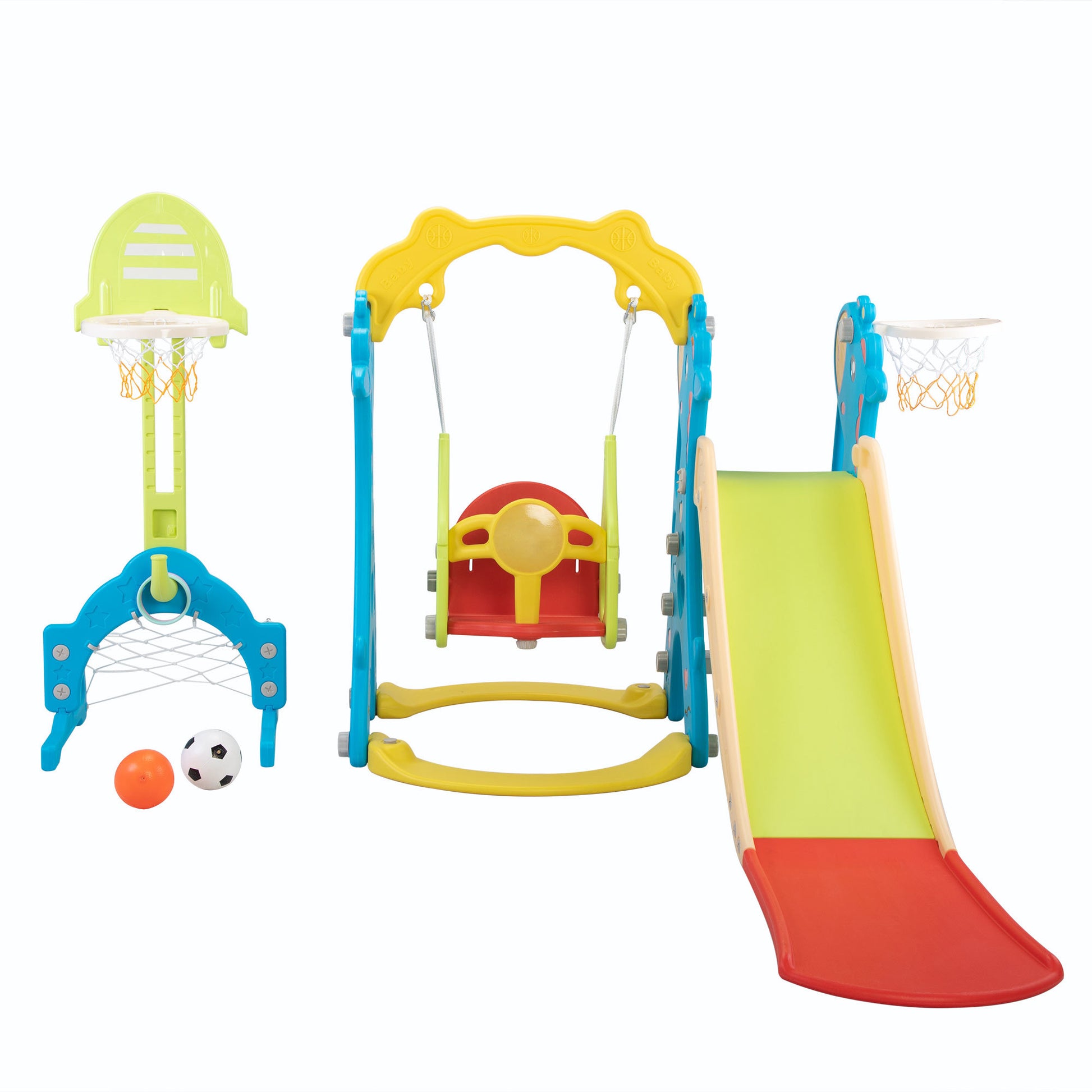 5 in 1 Slide and Swing Playing Set, Toddler Extra-Long Slide with 2 Basketball Hoops, Football, Ringtoss, Indoor Outdoor XH - Second Chance Zone