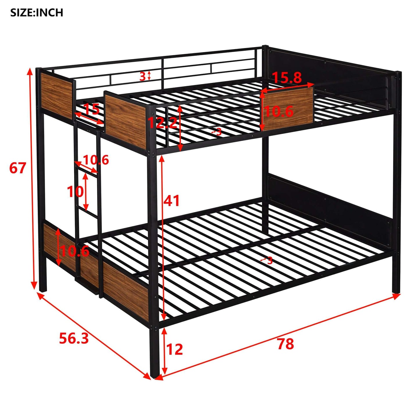 Full-over-full bunk bed; modern style w/ safety rail, built-in ladder