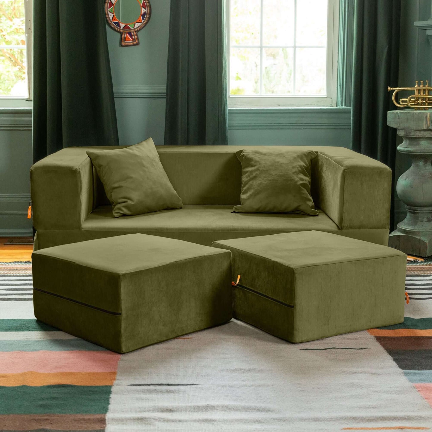 Jaxx Zipline Convertible Sleeper Loveseat & Ottomans; Moss