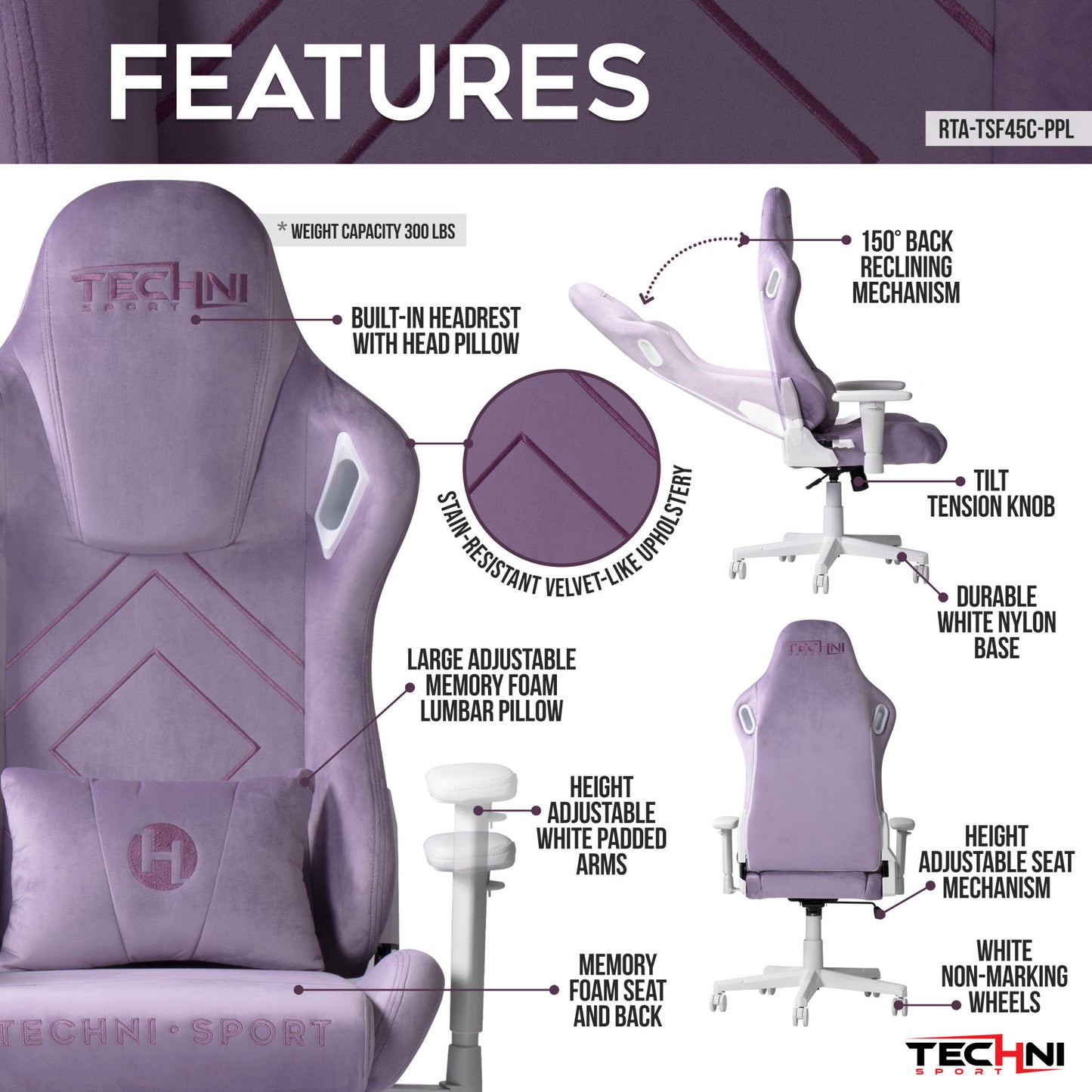 Techni Sport TSF45C Velvet Memory Foam Gaming Chair – Purple