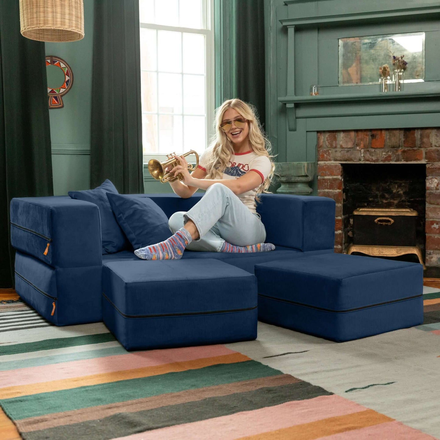 Jaxx Zipline Convertible Sleeper Loveseat & Ottomans; Indigo