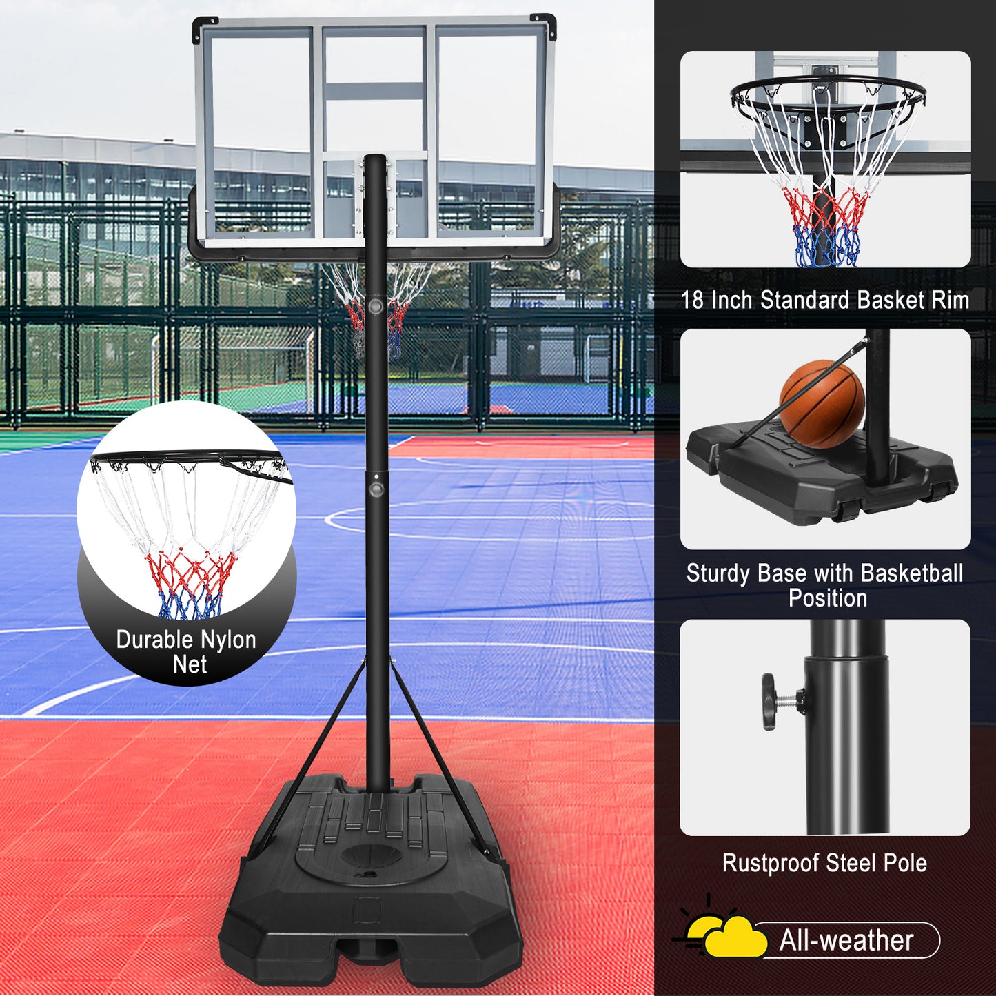 Basketball Hoop Stand; Adjustable 6.6ft - 10ft w/ 44 Inch Backboard