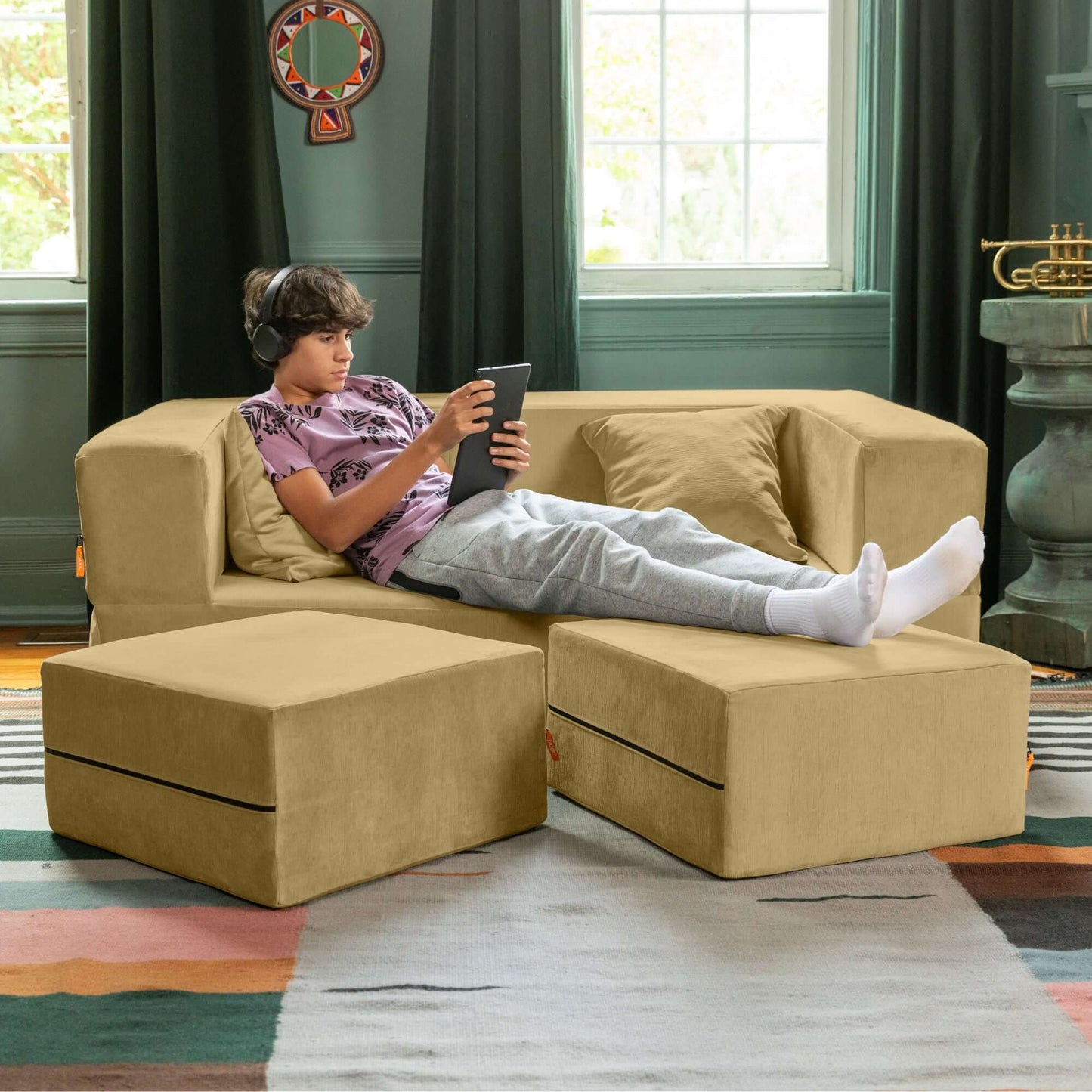 Jaxx Zipline Convertible Sleeper Loveseat & Ottomans; Camel