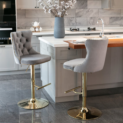 A&A Furniture,Golden Swivel Velvet Barstools Adjusatble Seat Height from 25-33 Inch, Modern Upholstered Bar Stools with Backs Comfortable Tufted for Home Pub and Kitchen Island(Gray,Set of 2) - Second Chance Zone