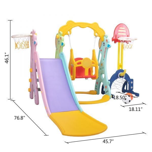 5 in 1 Slide and Swing Playing Set, Toddler Extra-Long Slide with 2 Basketball Hoops, Football, Ringtoss, Indoor Outdoor XH - Second Chance Zone