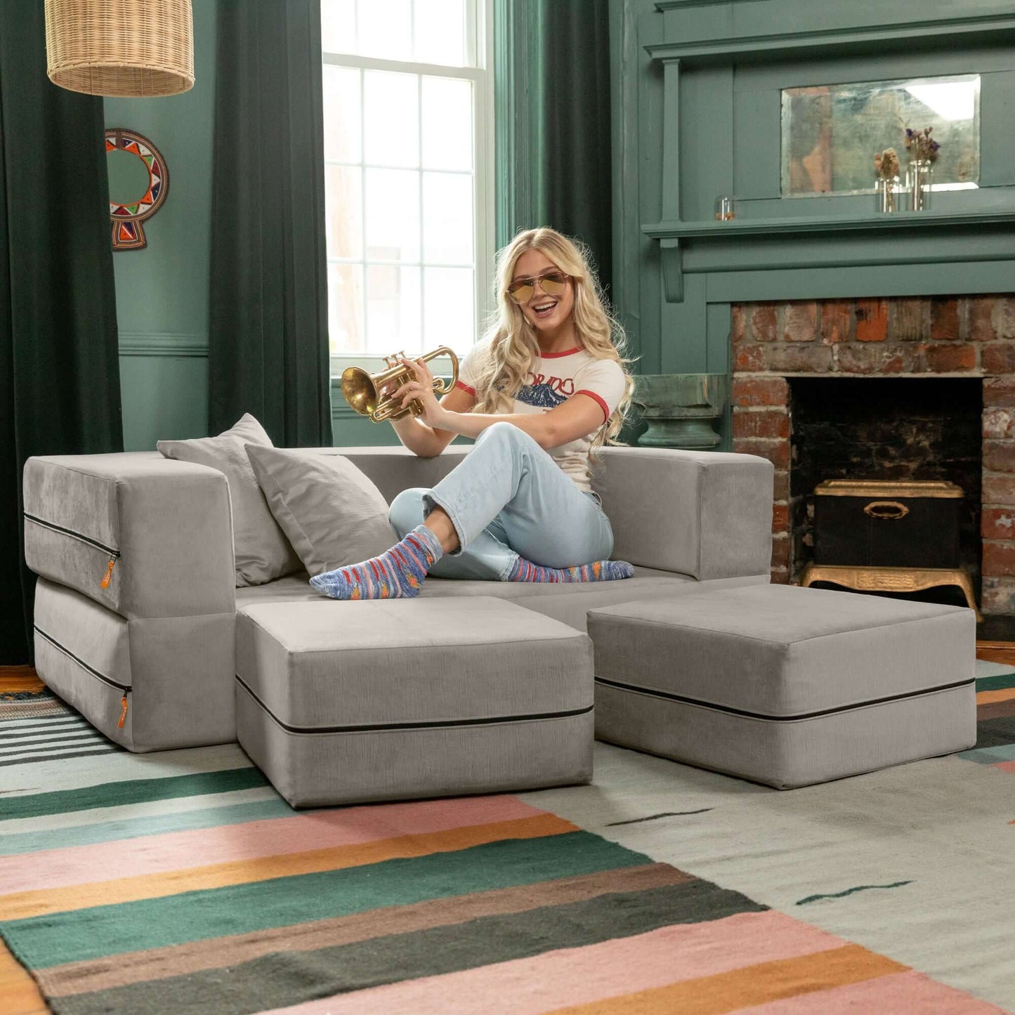 Jaxx Zipline Convertible Sleeper Loveseat & Ottomans; Dove Grey