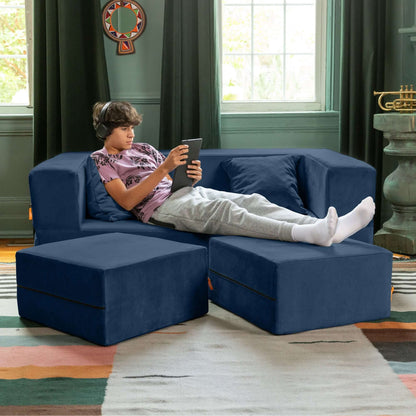 Jaxx Zipline Convertible Sleeper Loveseat & Ottomans; Indigo